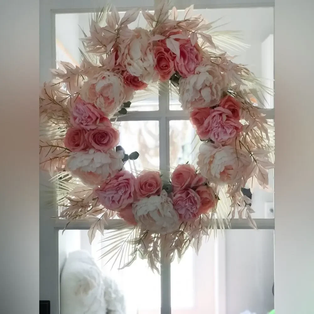 Whispy palm fronds beachy blooming tropical blush + coral grapevine wreath